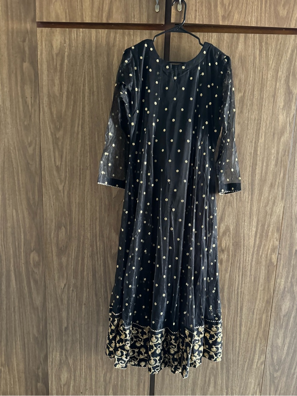 Ayesha’s Closet Black Embellished Anarkali Dress with Gold Motif 3 Piece Set - Picture 3 of 8